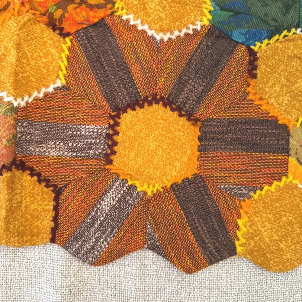 Vintage Handmade Patchwork Hexagon Table Runner Boho Cottagecore. 70s-80s